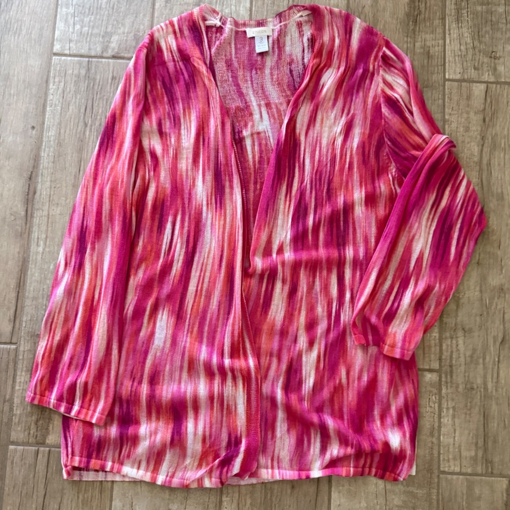 Chicos Pink Orange Ikat Space Dye Open Front Cardigan Sweater Size 3 XL